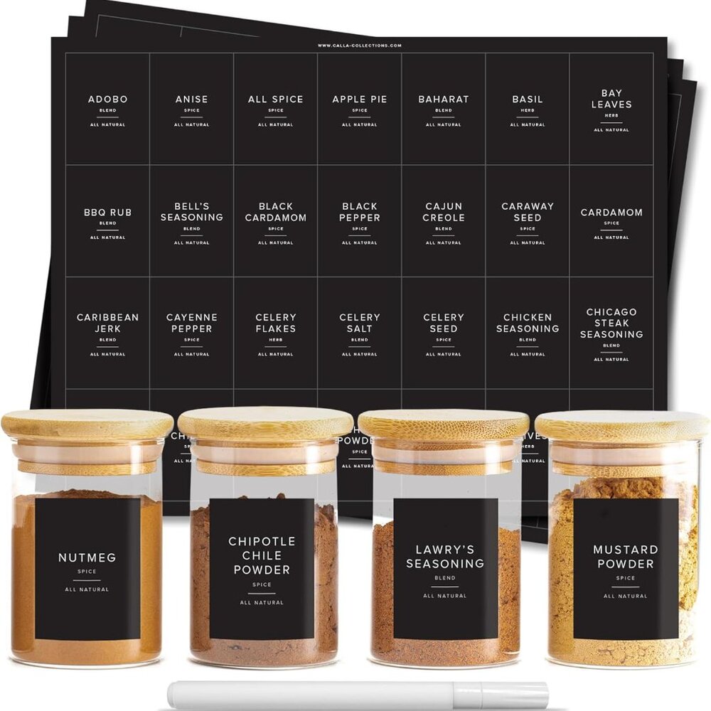 230 Black Spice Labels by ThreeKin | Waterproof & Oil-Resistant Pre-Printed Stic